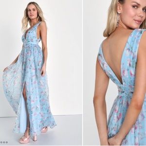 LULU's Floral Sexy Flowy Prom Wedding Chic Elegant Flowers Light Blue Maxi Dress